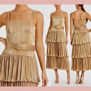 Mac Duggal - NWT - 27062 Ruffle Tiered Buckle Detail Dress - Gold Metallic $398